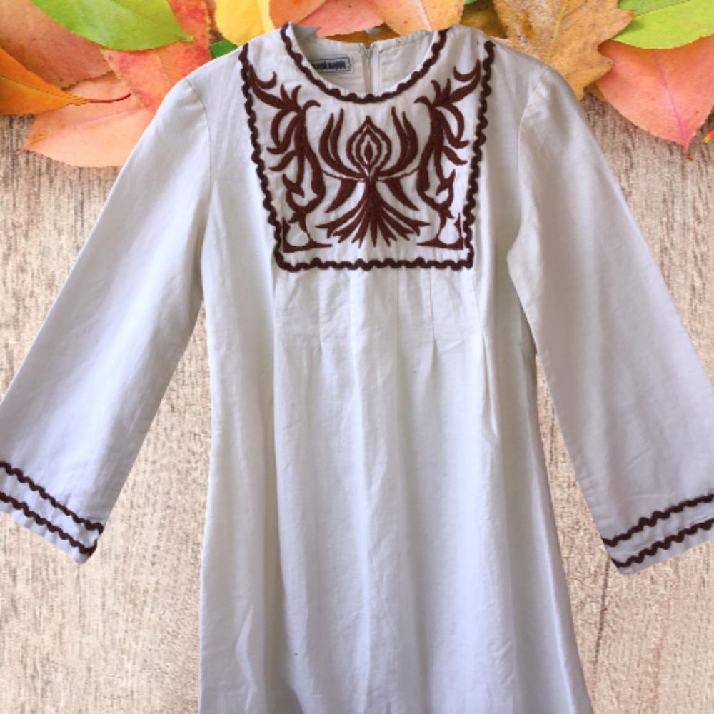 Vintage 70s Joseph Magnin Kaftan Dress Embroidered Ric Rac Cream Maxi Boho XS - Picture 11 of 15
